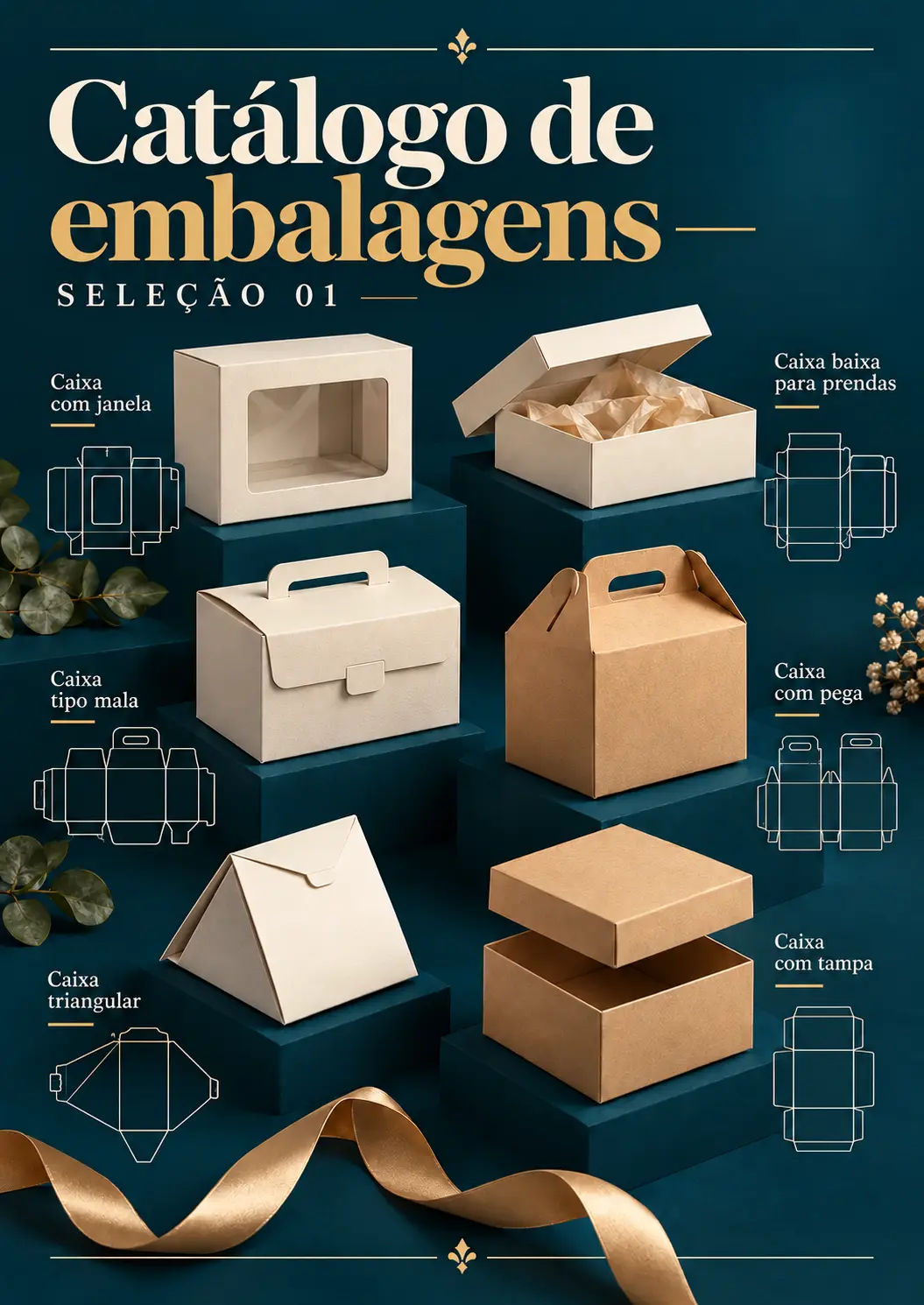 Catálogo de embalagens, seleção 01: caixa com janela, caixa baixa para prendas, caixa tipo mala, caixa com pega, triangular e com tampa
