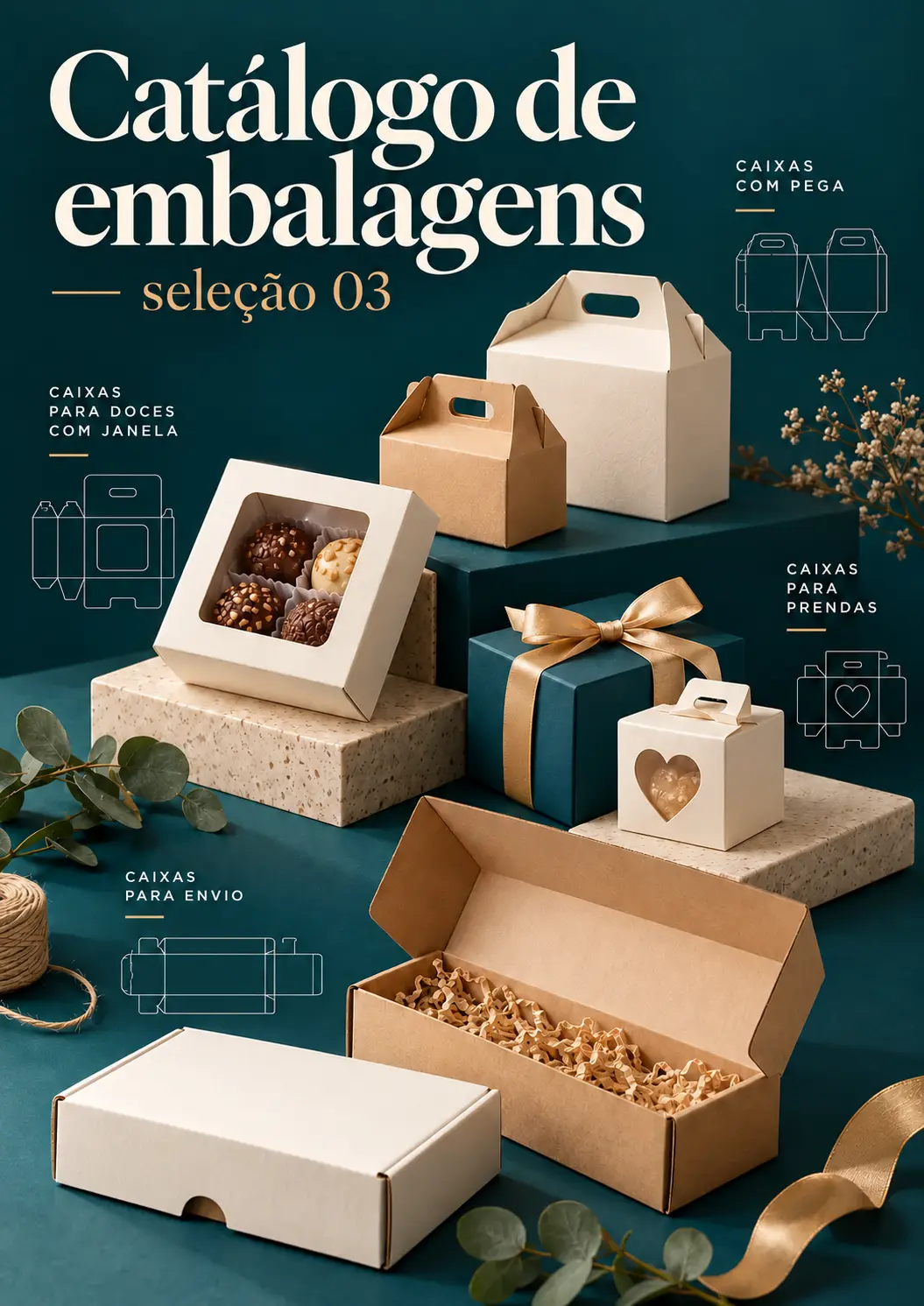 Catálogo de embalagens, seleção 03: caixas com pega, caixas para doces com janela, caixas para prendas e caixas para envio