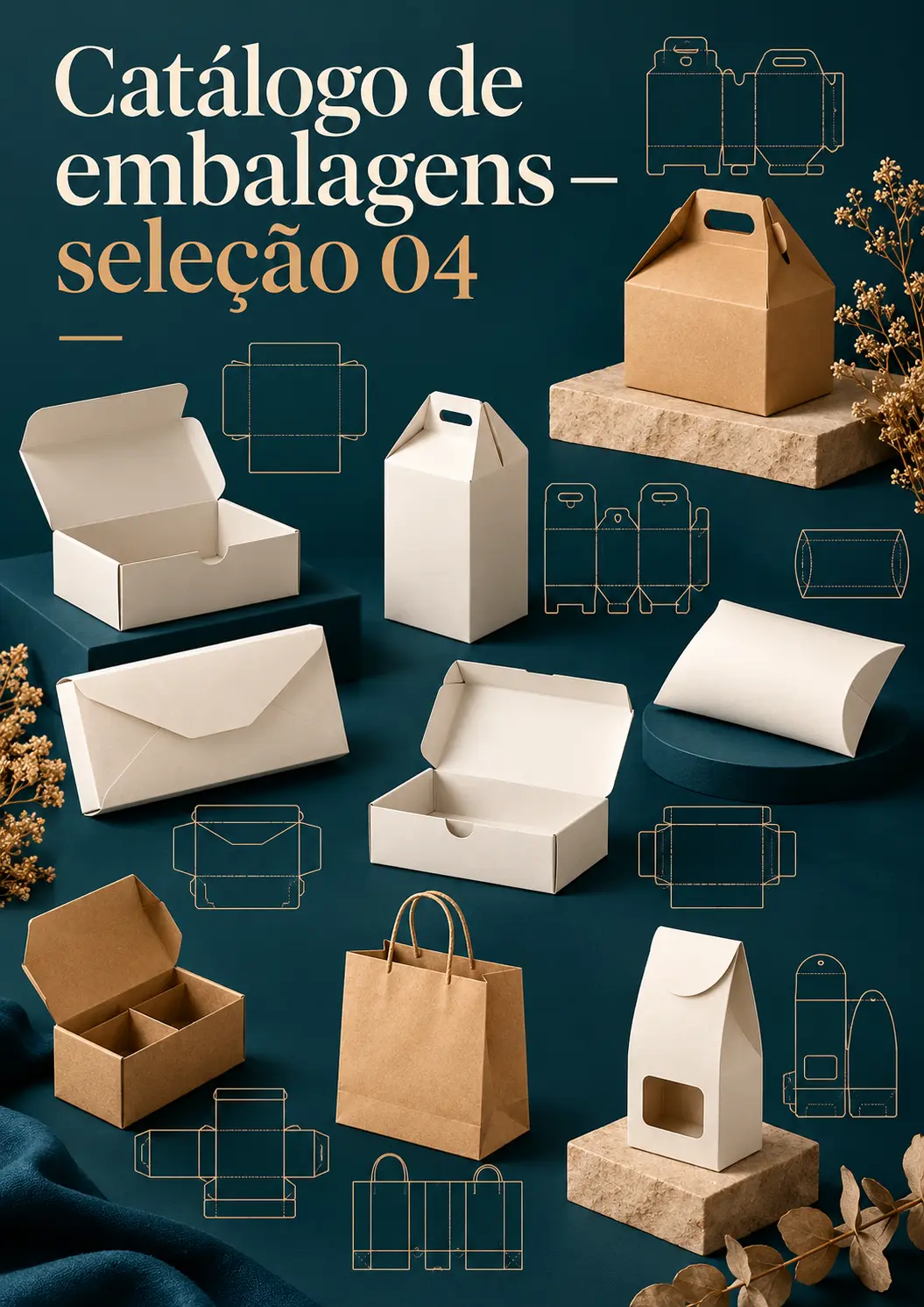 Catálogo de embalagens, seleção 04: caixas com tampa, envelope, caixa tipo almofada, saco e embalagem com janela