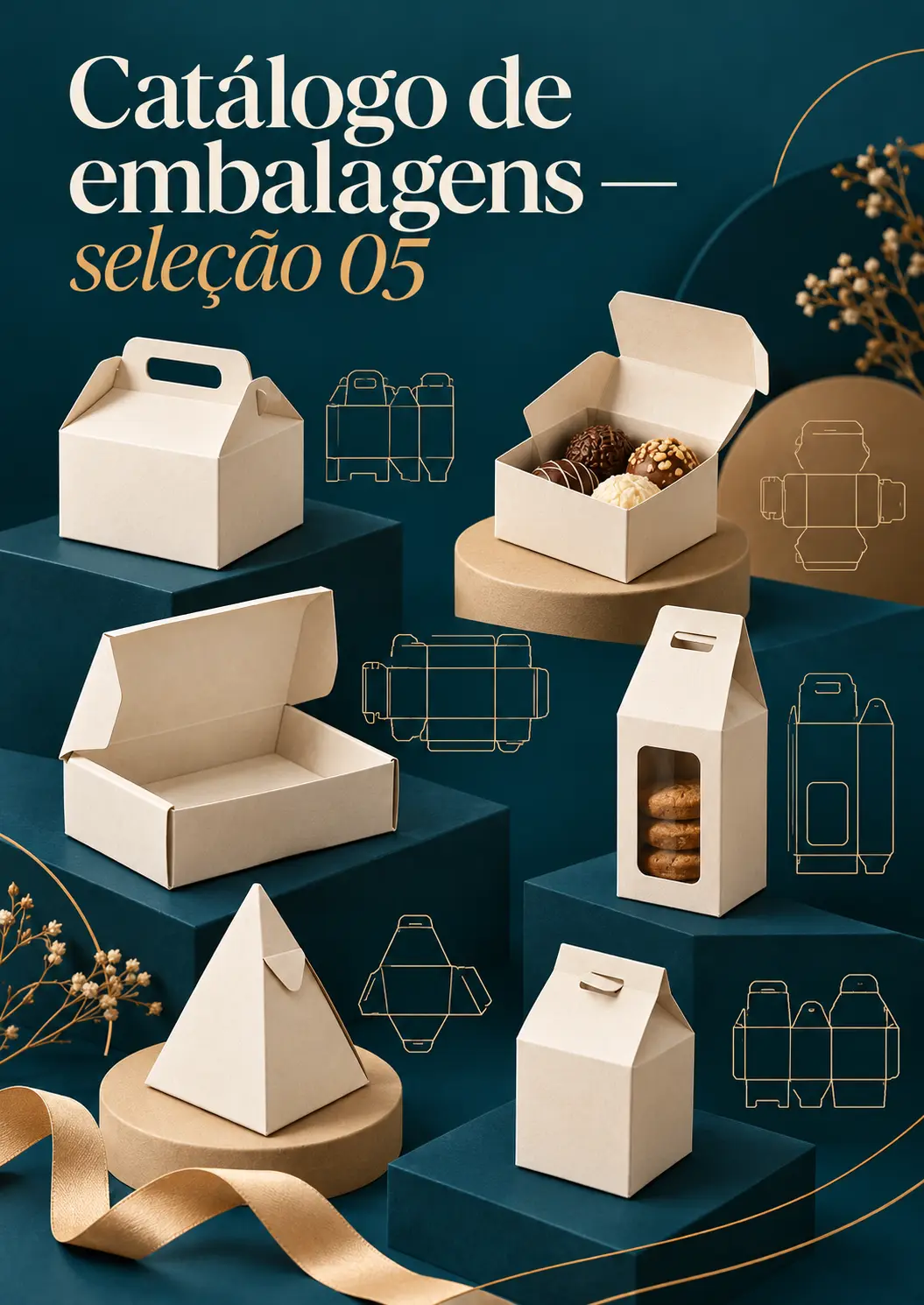 Catálogo de embalagens, seleção 05: caixa com pega, caixa de doces, caixa com janela para bolachas e embalagem piramidal