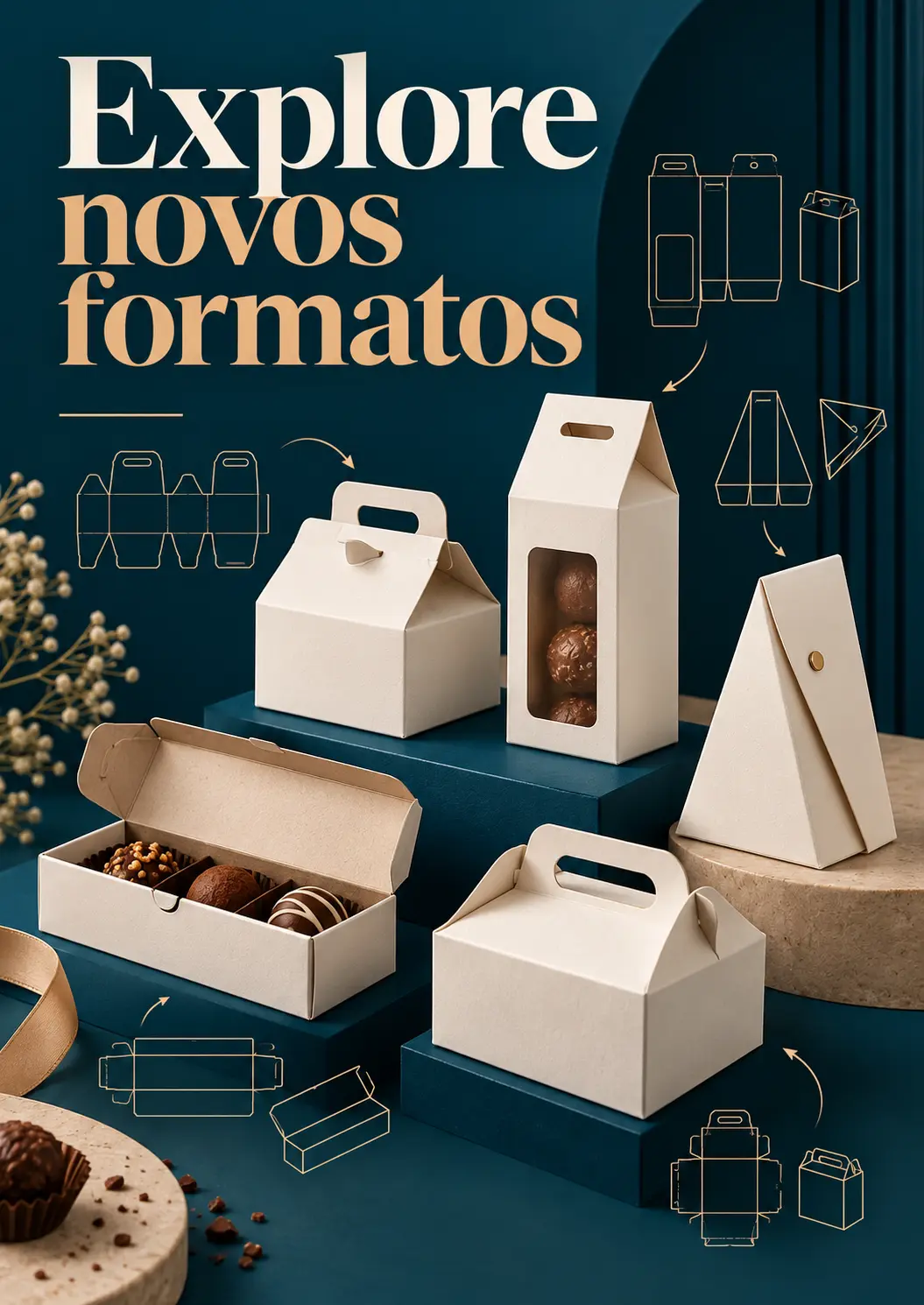 Mais formatos: caixas com pega, caixa com janela, embalagem triangular e caixa para bombons