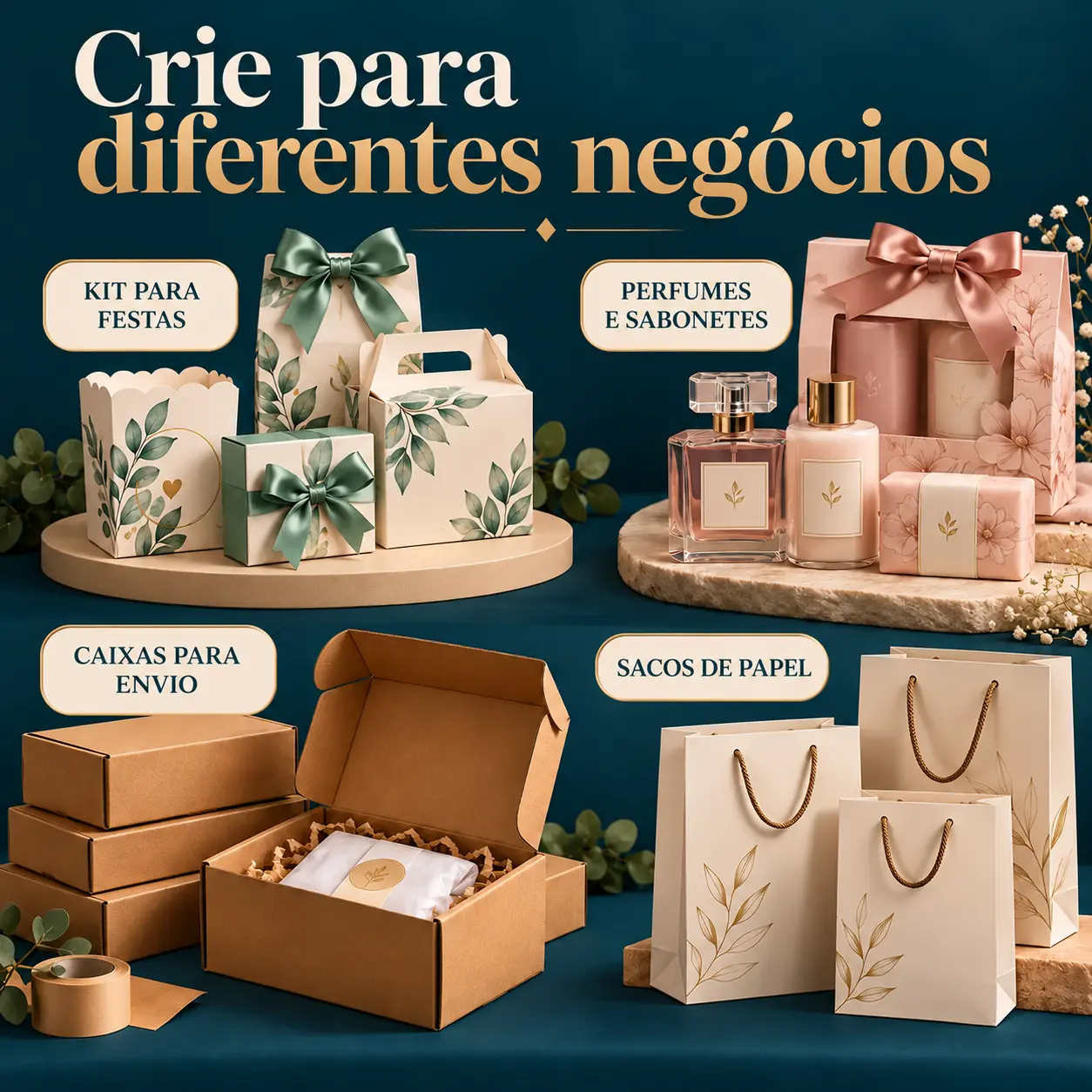 Kit para festas, perfumes e sabonetes, caixas para envio e sacos de papel