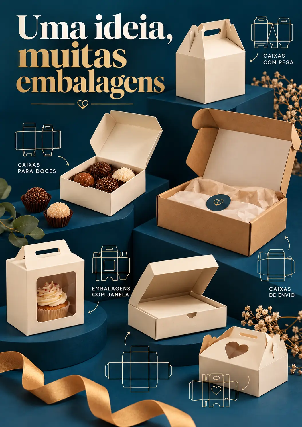 Uma ideia, muitas embalagens: caixas com pega, caixas para doces, caixas de envio e embalagens com janela